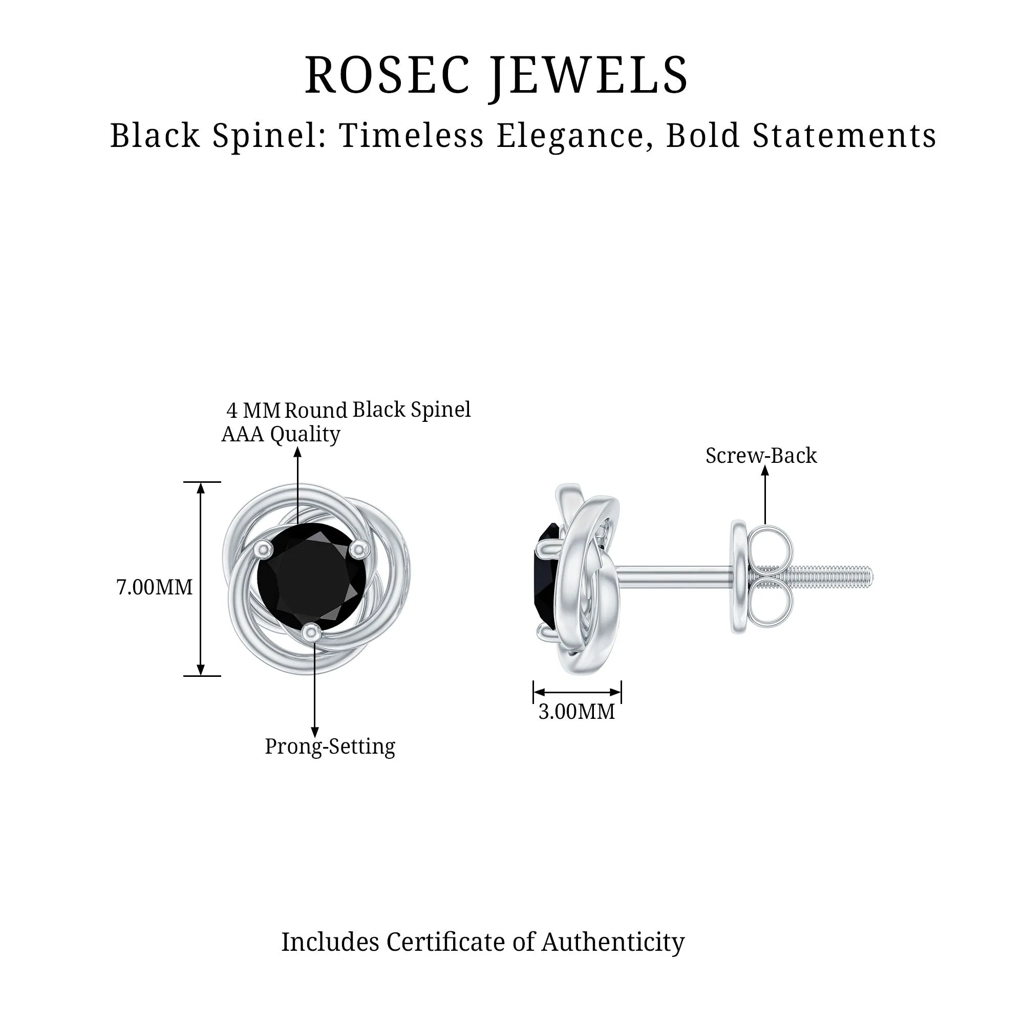 0.75 CT Black Spinel Solitaire Stud Earrings in Prong Setting
