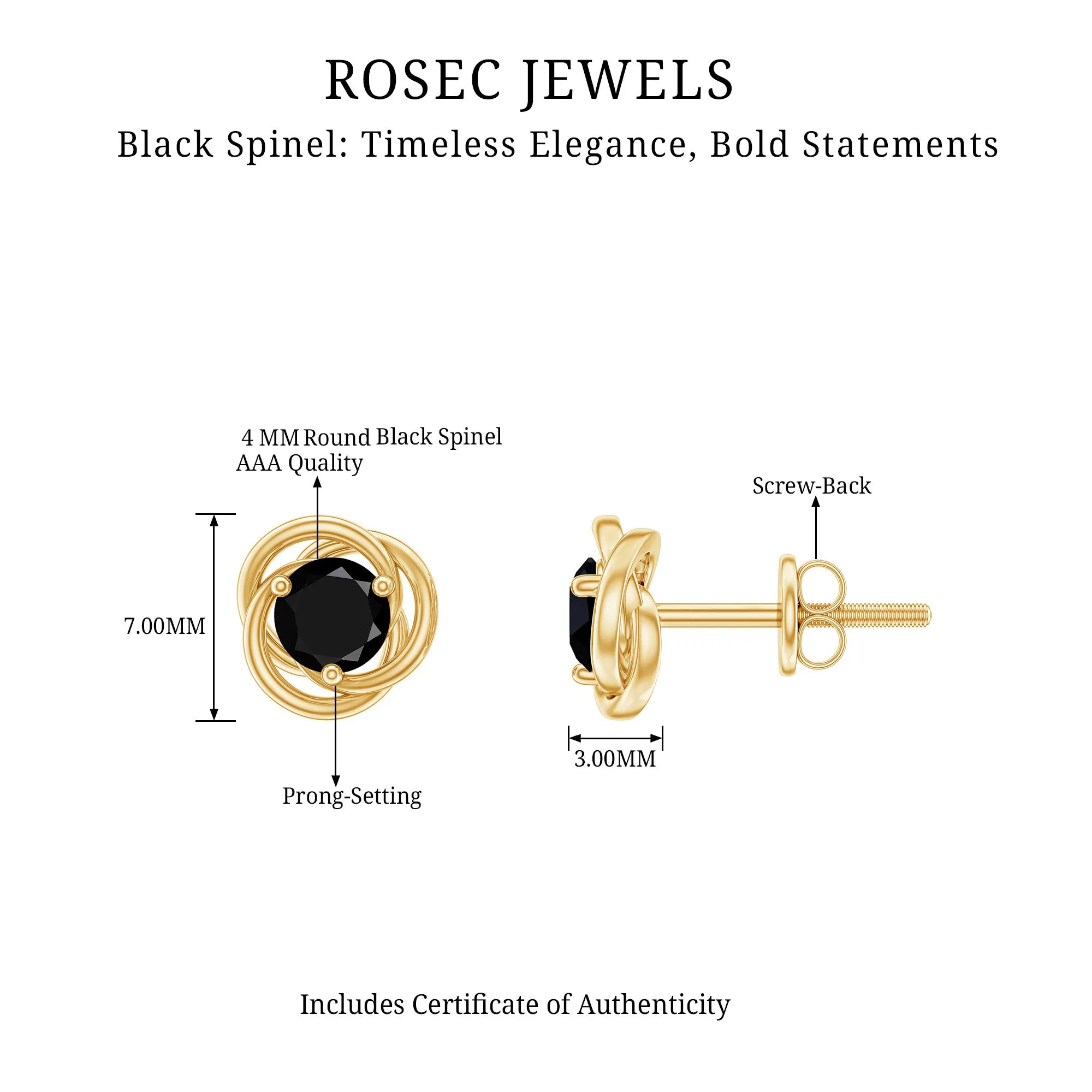 0.75 CT Black Spinel Solitaire Stud Earrings in Prong Setting