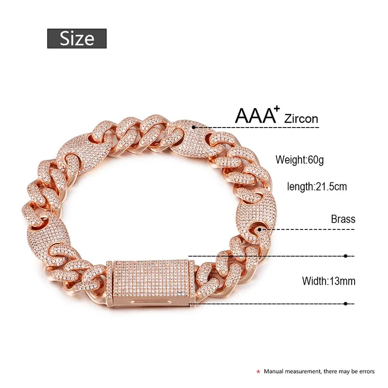 13mm Iced Out AAA CZ Crystal Cuban Chain Miami Link Bracelet