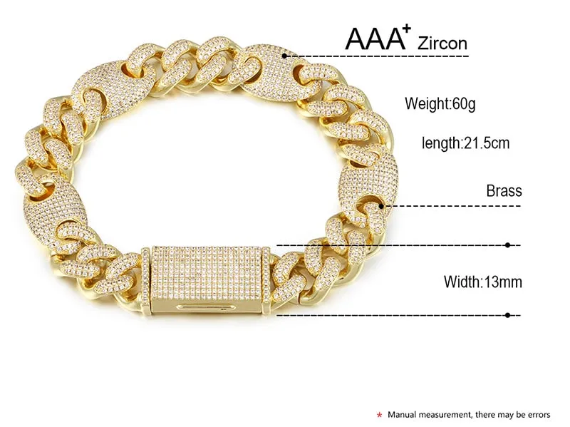 13mm Iced Out AAA CZ Crystal Cuban Chain Miami Link Bracelet