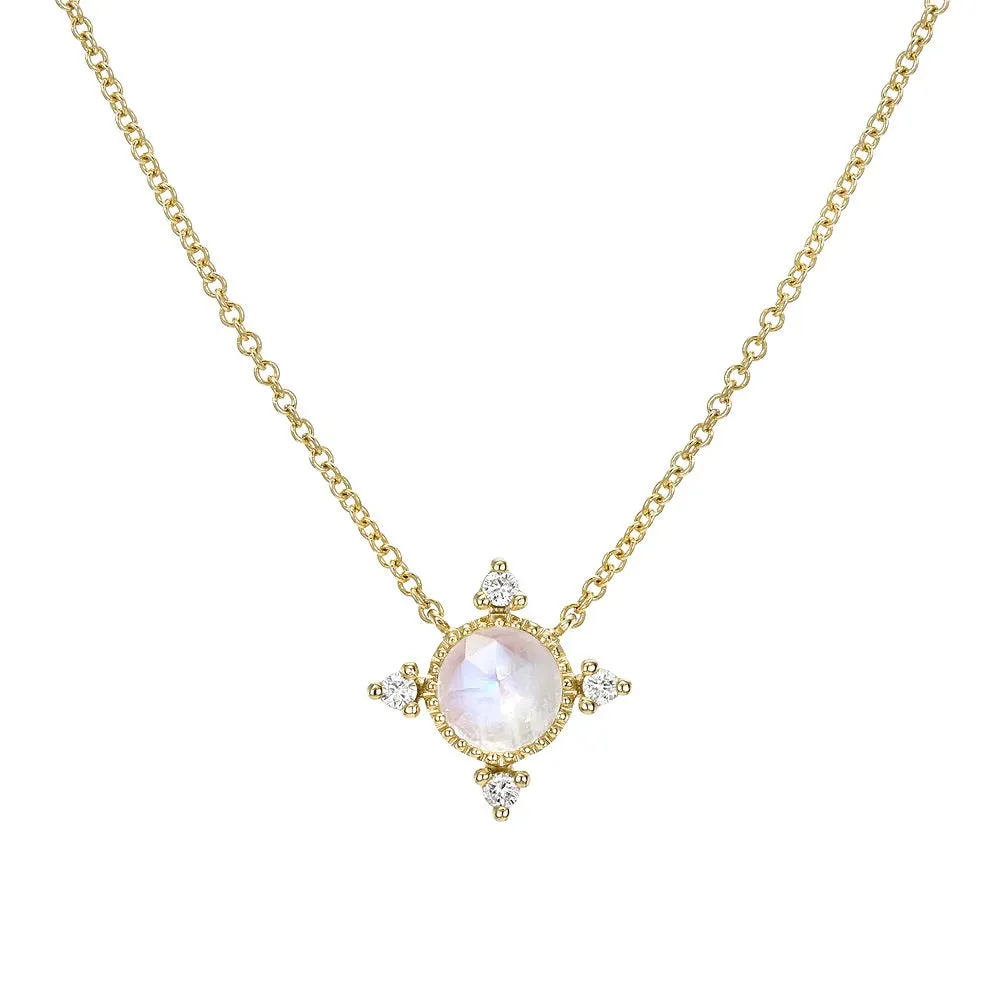 14K COMPASS RAINBOW MOONSTONE AND DIAMOND NECKLACE