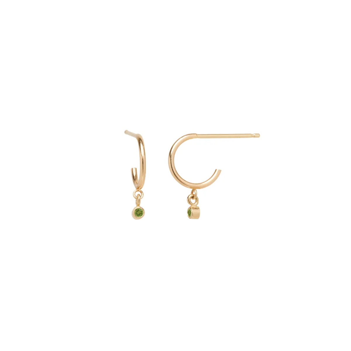 14k Dangling Peridot Huggie Hoops | August Birthstone