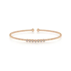 14K Rose Gold Diamond Top Beaded Open Bangle