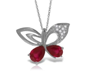 14K Solid White Gold Butterfly Necklace Natural Diamond & Ruby