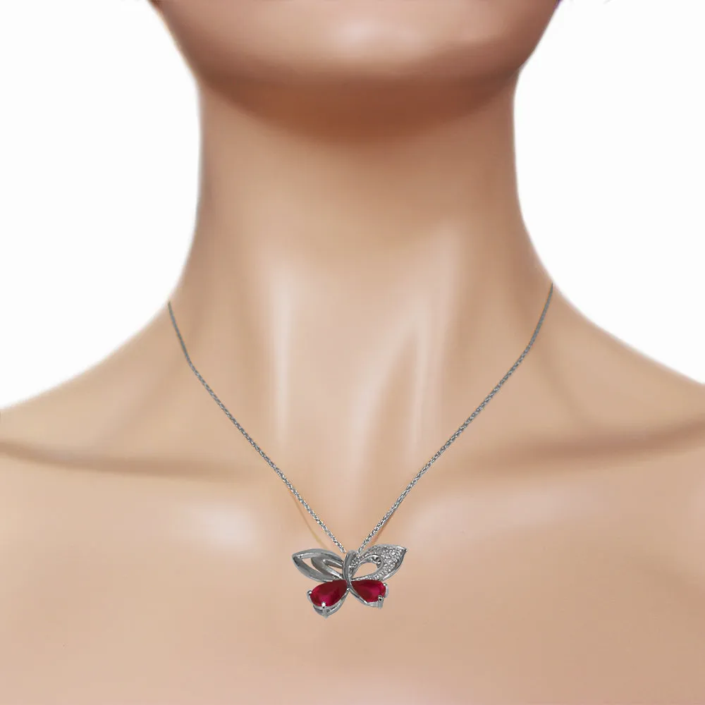 14K Solid White Gold Butterfly Necklace Natural Diamond & Ruby