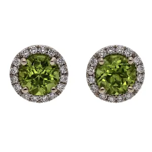 14K White Gold Round Peridot Stud Earrings with Diamond Halo