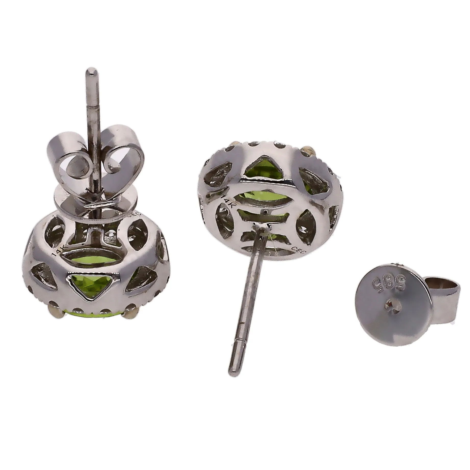14K White Gold Round Peridot Stud Earrings with Diamond Halo