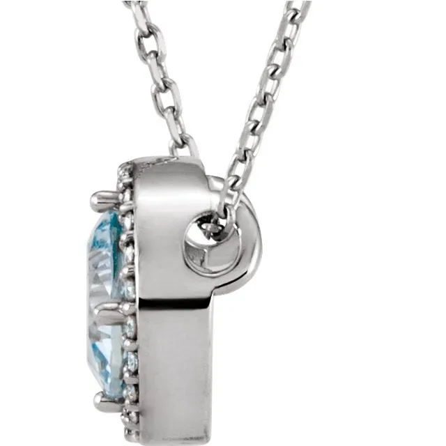 14KT GOLD 0.45 CT AQUAMARINE & .05 CTW DIAMOND ROUND HALO NECKLACE