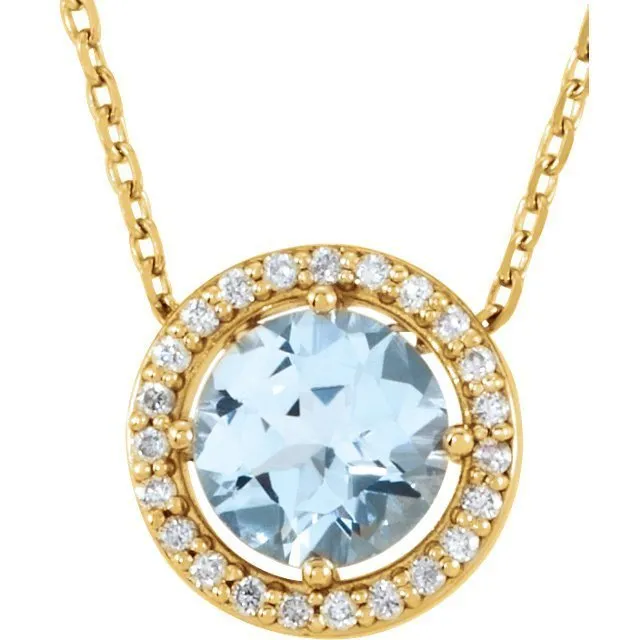 14KT GOLD 0.45 CT AQUAMARINE & .05 CTW DIAMOND ROUND HALO NECKLACE