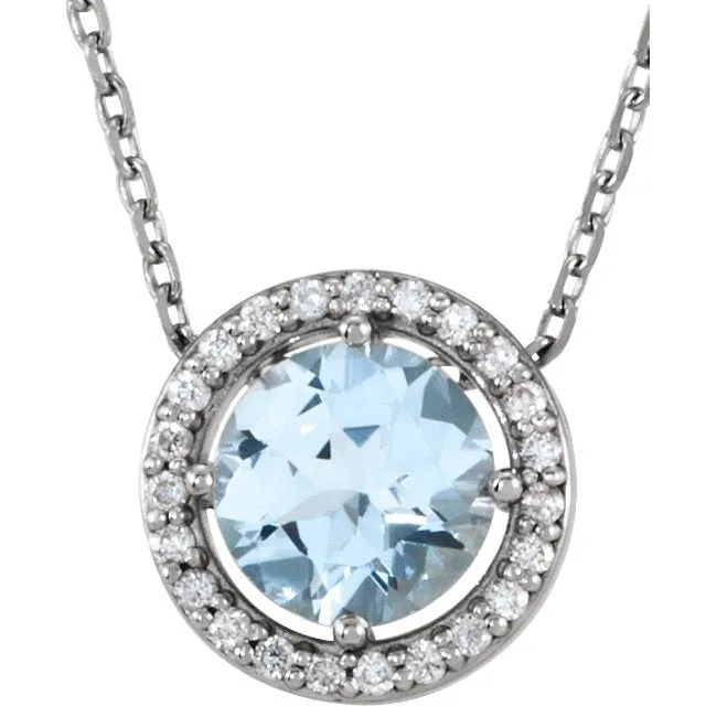 14KT GOLD 0.45 CT AQUAMARINE & .05 CTW DIAMOND ROUND HALO NECKLACE
