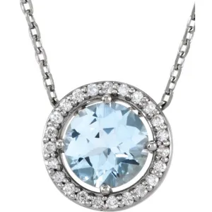 14KT GOLD 0.45 CT AQUAMARINE & .05 CTW DIAMOND ROUND HALO NECKLACE