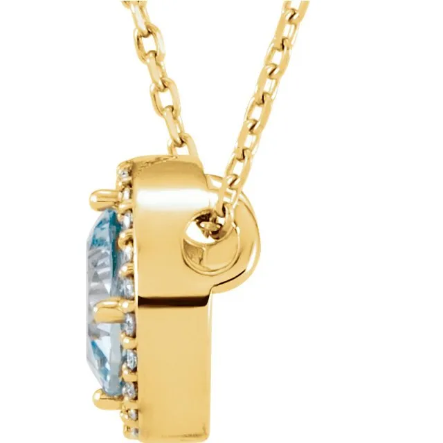 14KT GOLD 0.45 CT AQUAMARINE & .05 CTW DIAMOND ROUND HALO NECKLACE