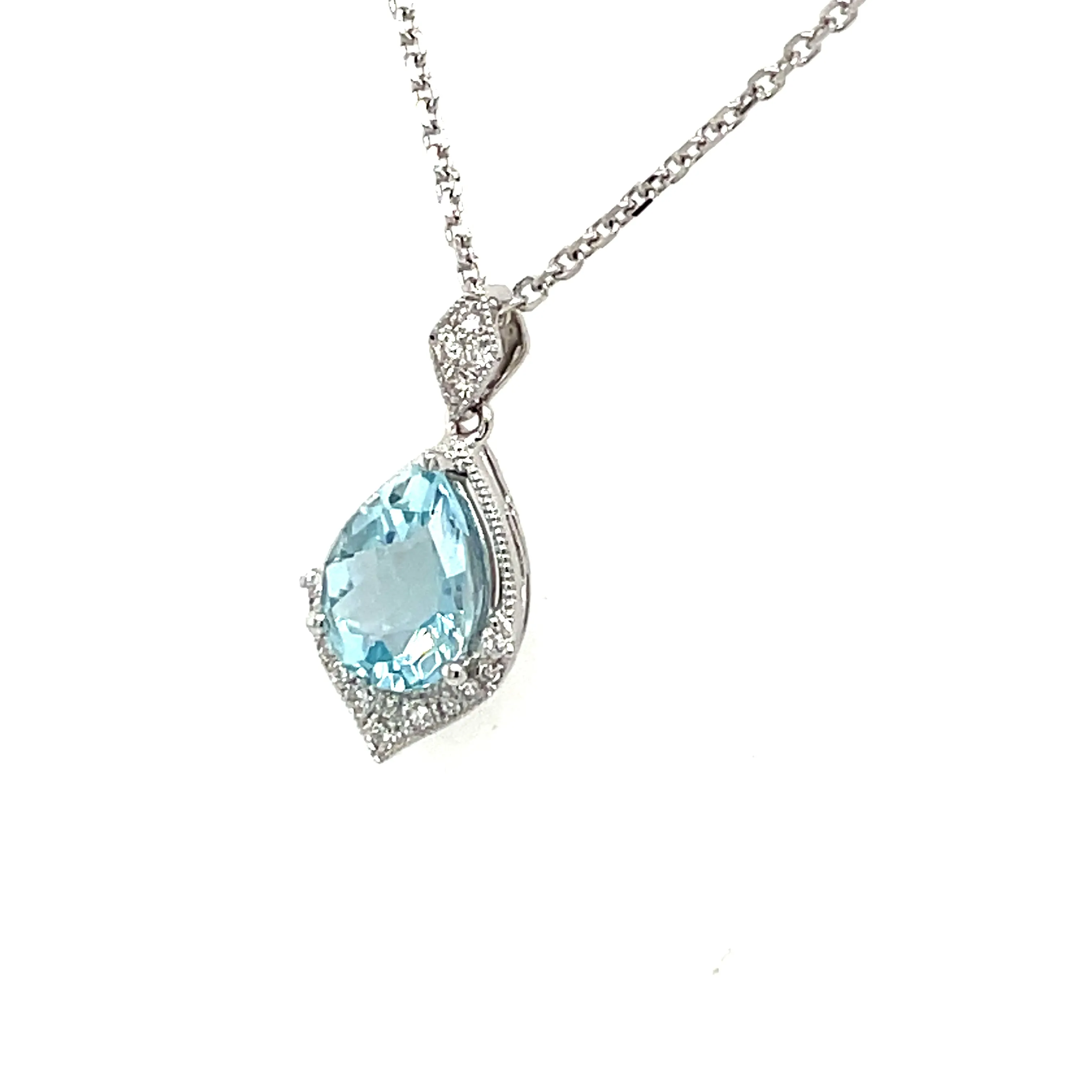 14KW Gold Pear-Shape Aquamarine Necklace with Diamond Accents