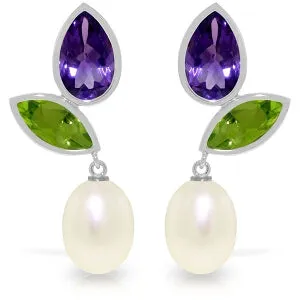 16.6 Carat 14K Solid White Gold Earrings Peridot, Amethyst Pearl