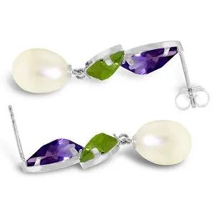 16.6 Carat 14K Solid White Gold Earrings Peridot, Amethyst Pearl