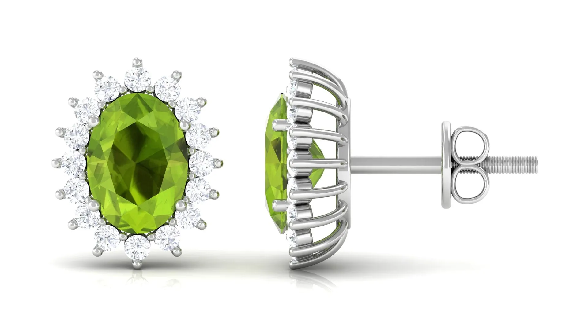 1.75 CT Oval Cut Peridot Classic Stud Earrings with Diamond Halo