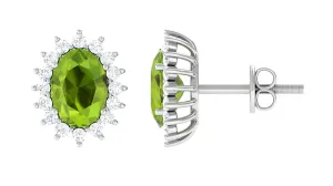 1.75 CT Oval Cut Peridot Classic Stud Earrings with Diamond Halo