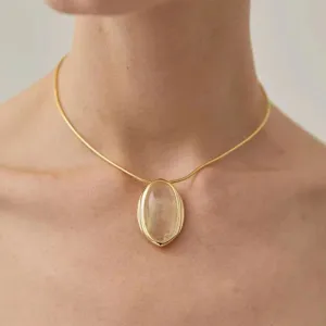 18K Plated Round Snake Chain Bolo Rutilated Quartz Pendant Necklace