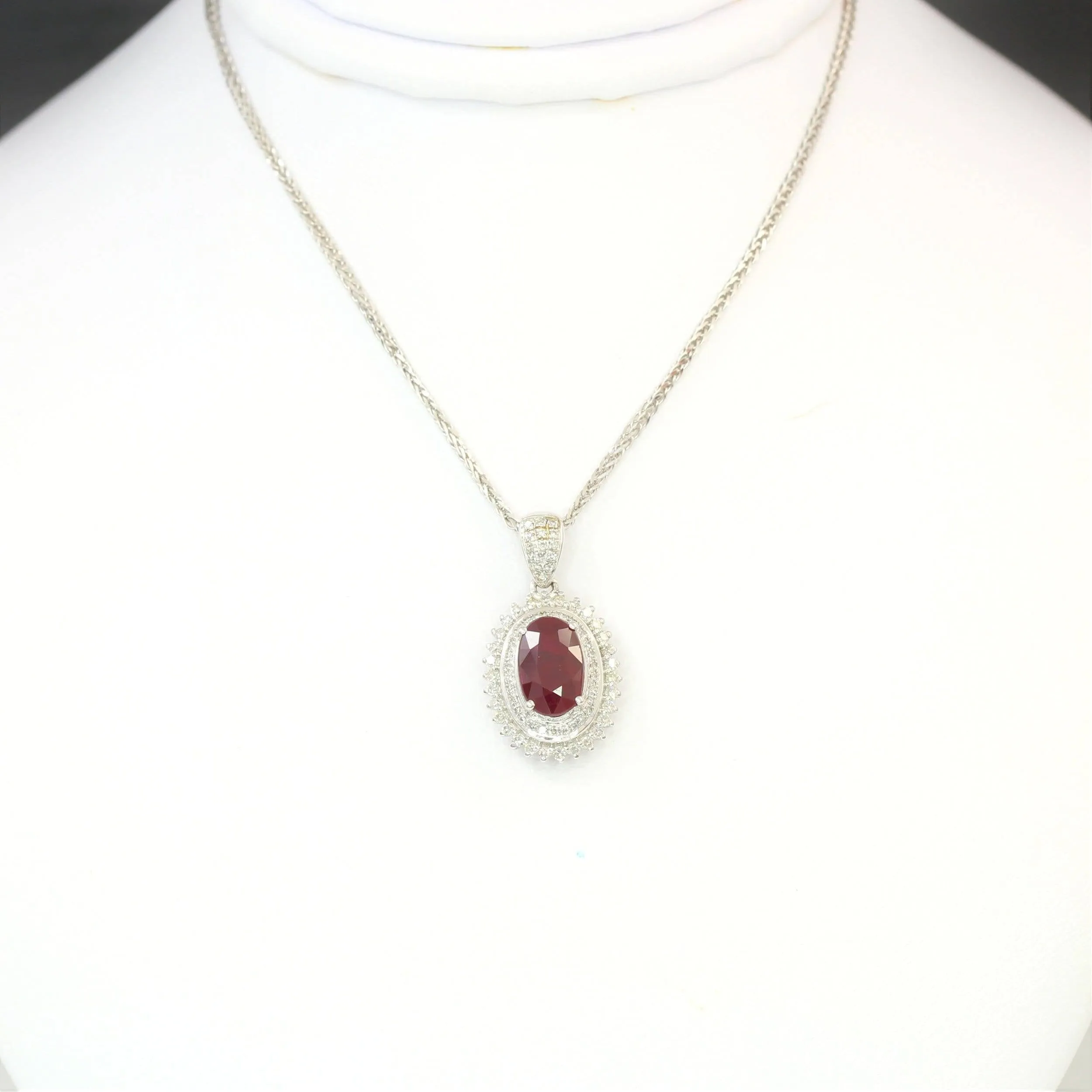18k White Gold & Natural AA Oval Ruby Halo Pendant Necklace