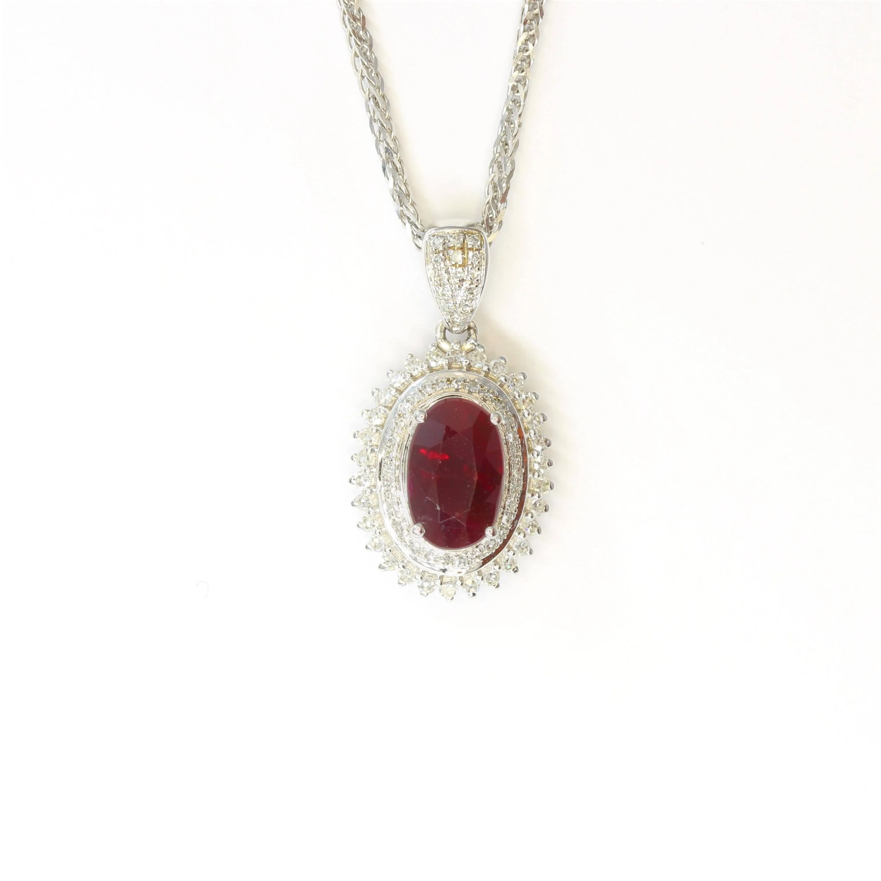 18k White Gold & Natural AA Oval Ruby Halo Pendant Necklace