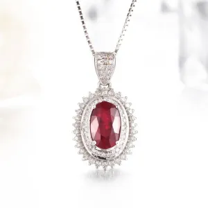18k White Gold & Natural AA Oval Ruby Halo Pendant Necklace