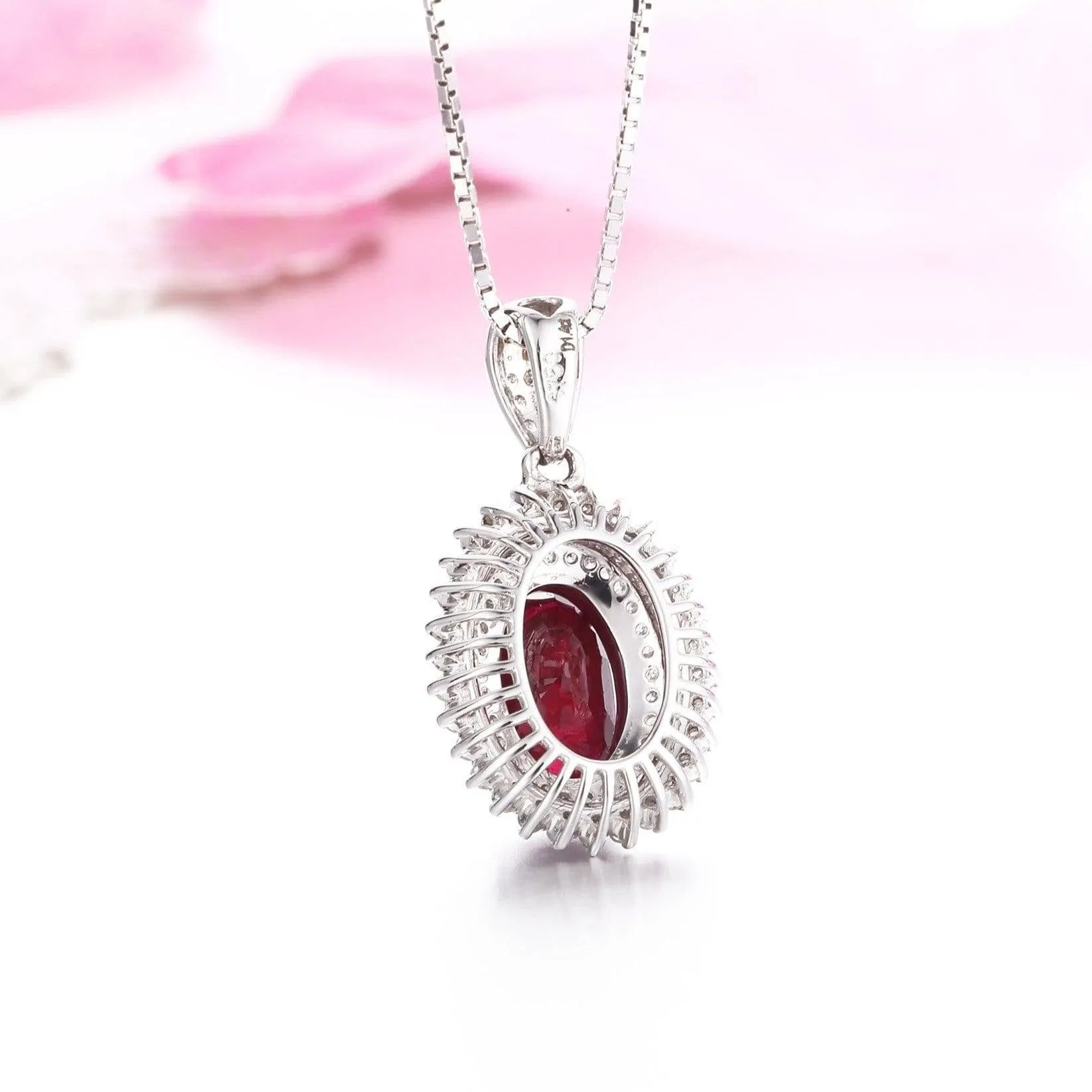 18k White Gold & Natural AA Oval Ruby Halo Pendant Necklace