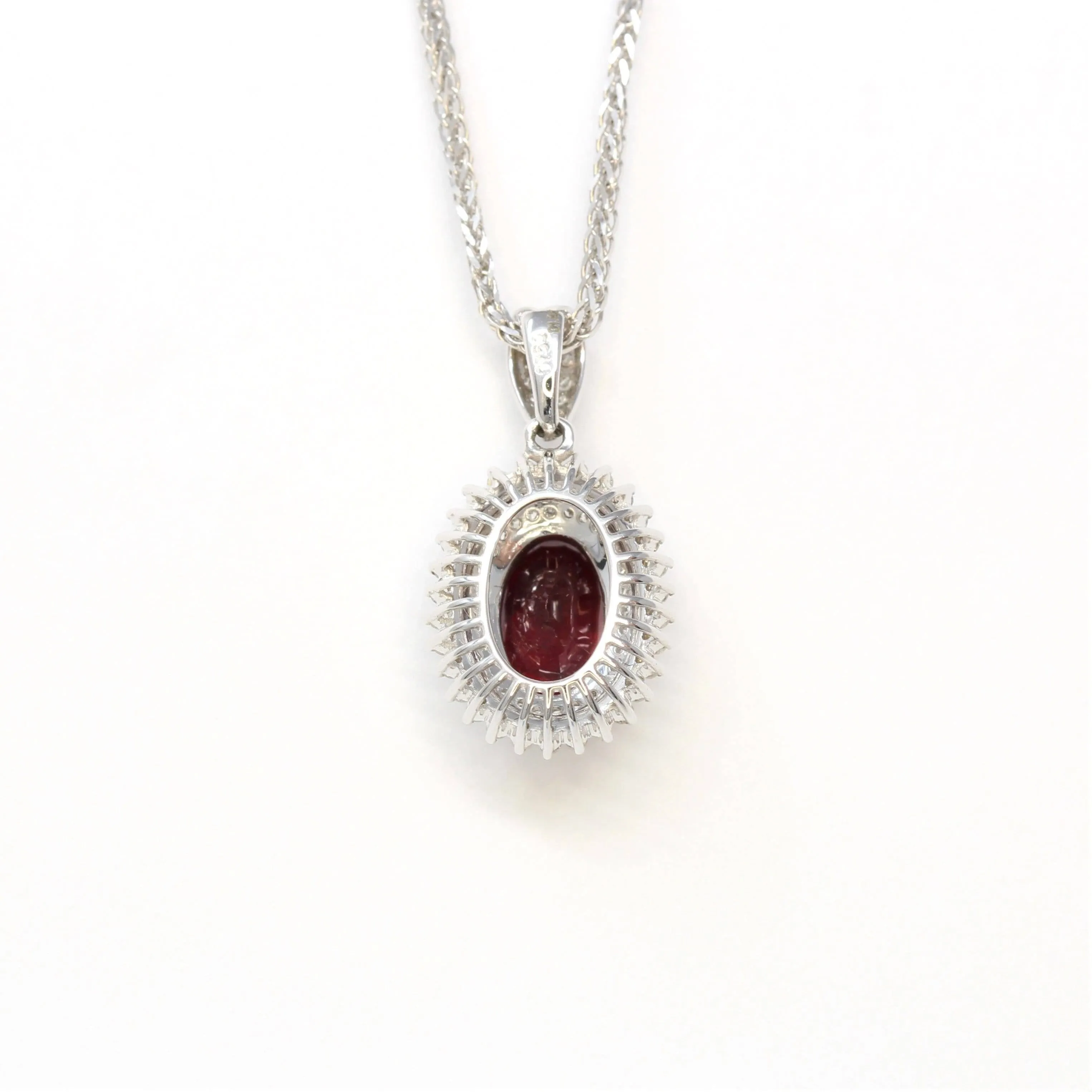 18k White Gold & Natural AA Oval Ruby Halo Pendant Necklace
