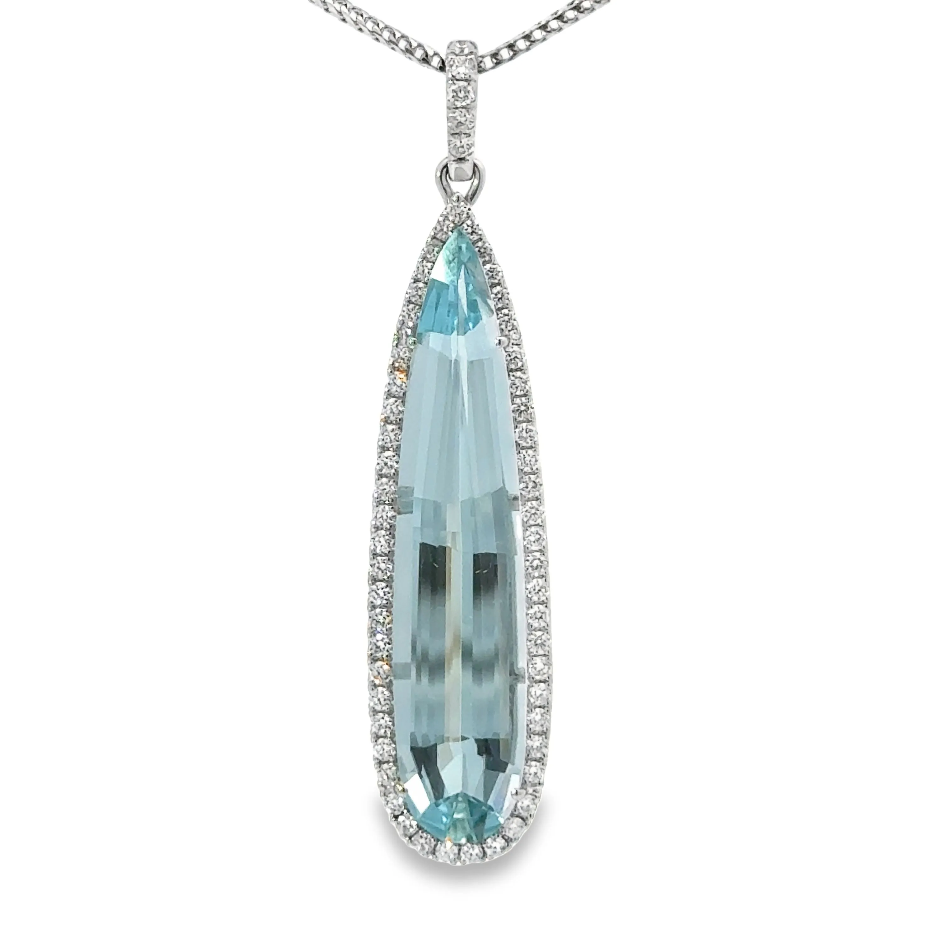 18K White Gold Pear Aquamarine Necklace With Diamond Halo
