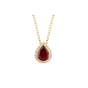18K Yellow Gold Pear Ruby with Diamond Halo Pendant Necklace