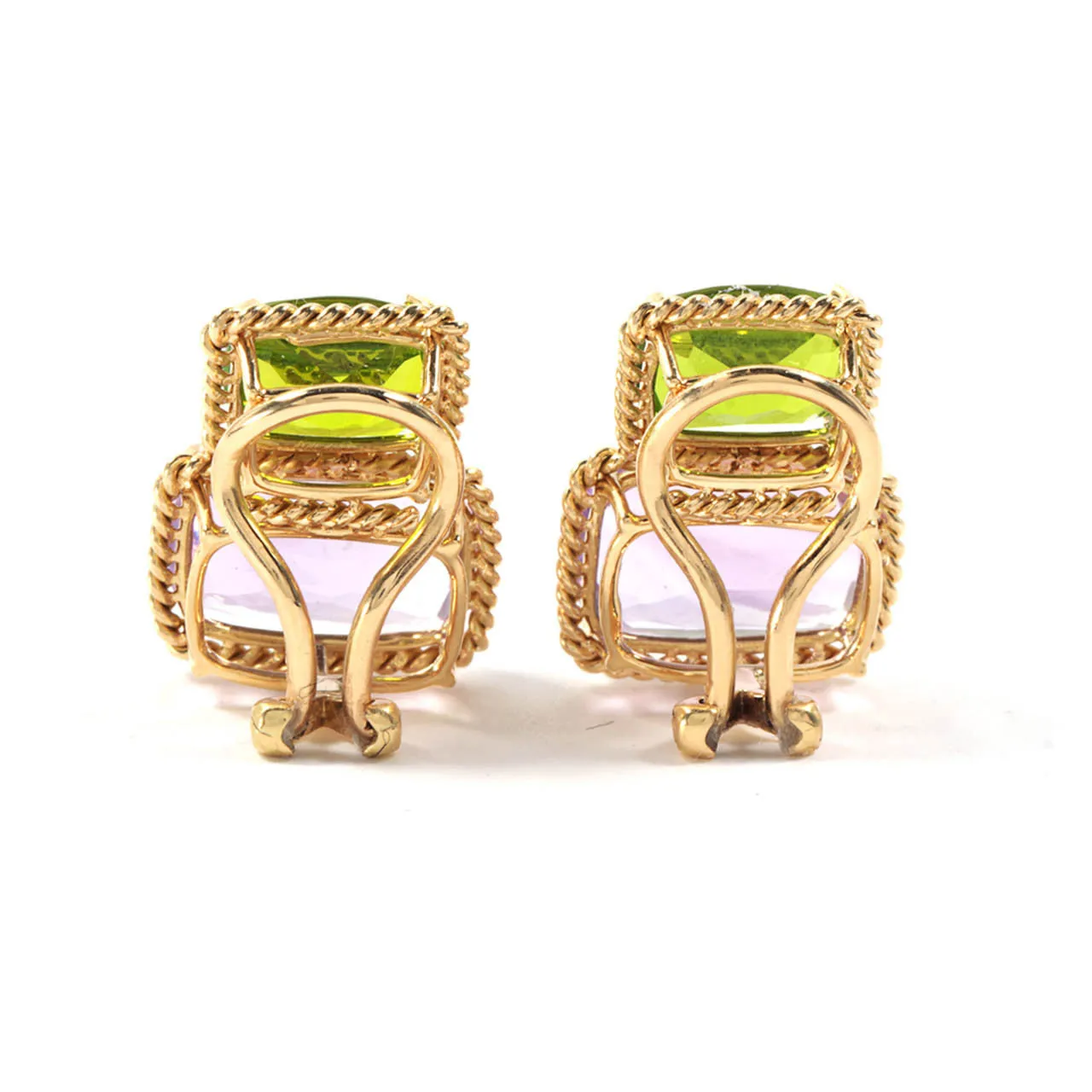 18kt Yellow Gold Two Stone Cushion Cut Earring with Rope Twist Border