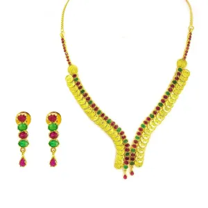 22K Yellow Gold Necklace & Earrings Set W/ V-Neck Collar of Laxmi Coins and Ruby & Emerald Gemstones