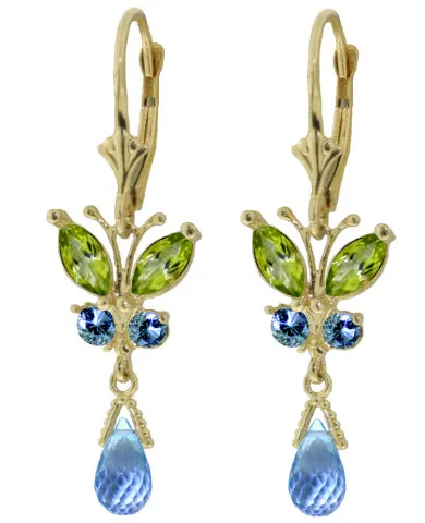 2.74 Carat 14K Solid White Gold Butterfly Earrings Peridot & Blue Topaz