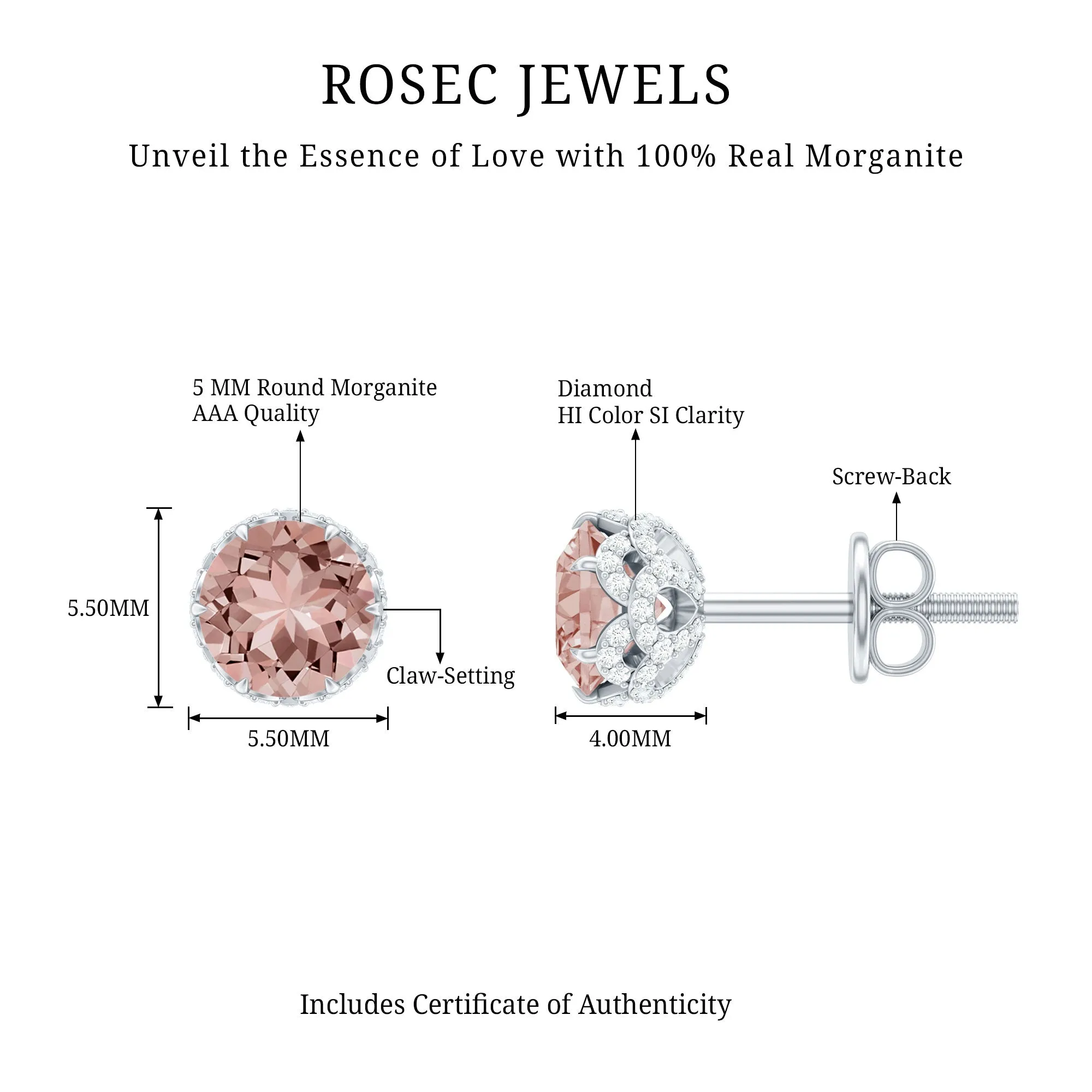 5 MM Morganite Solitaire and Diamond Floral Stud Earrings in Lotus Basket Setting