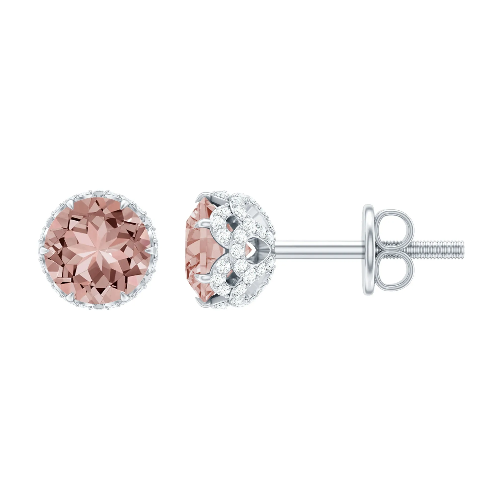 5 MM Morganite Solitaire and Diamond Floral Stud Earrings in Lotus Basket Setting
