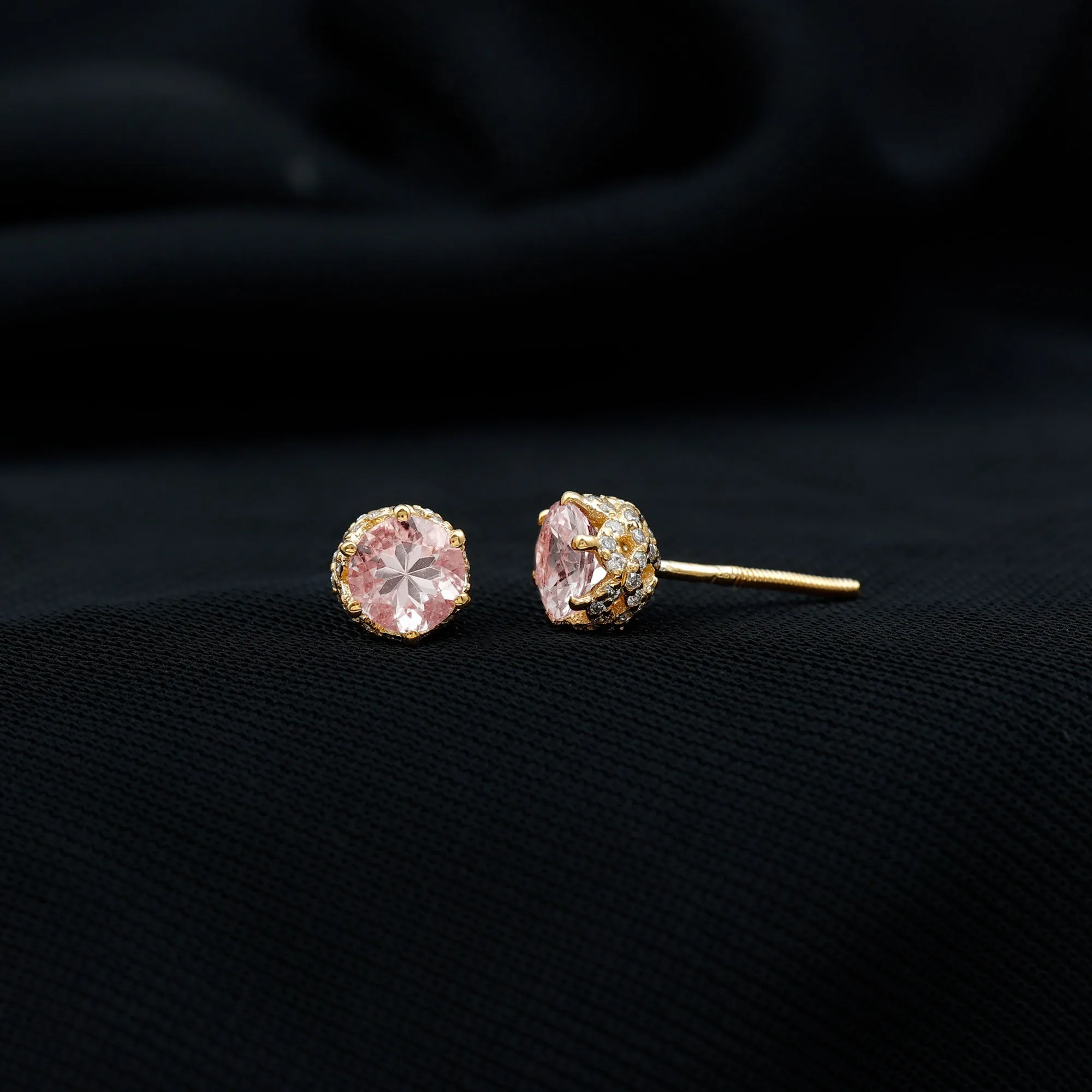 5 MM Morganite Solitaire and Diamond Floral Stud Earrings in Lotus Basket Setting