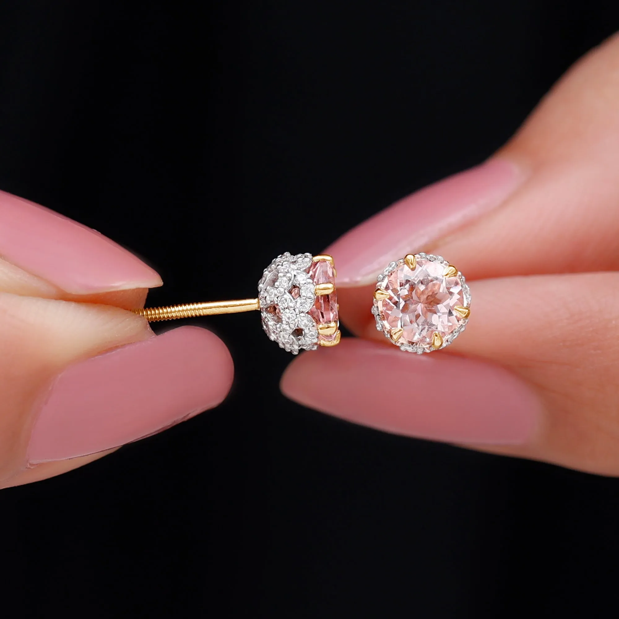 5 MM Morganite Solitaire and Diamond Floral Stud Earrings in Lotus Basket Setting