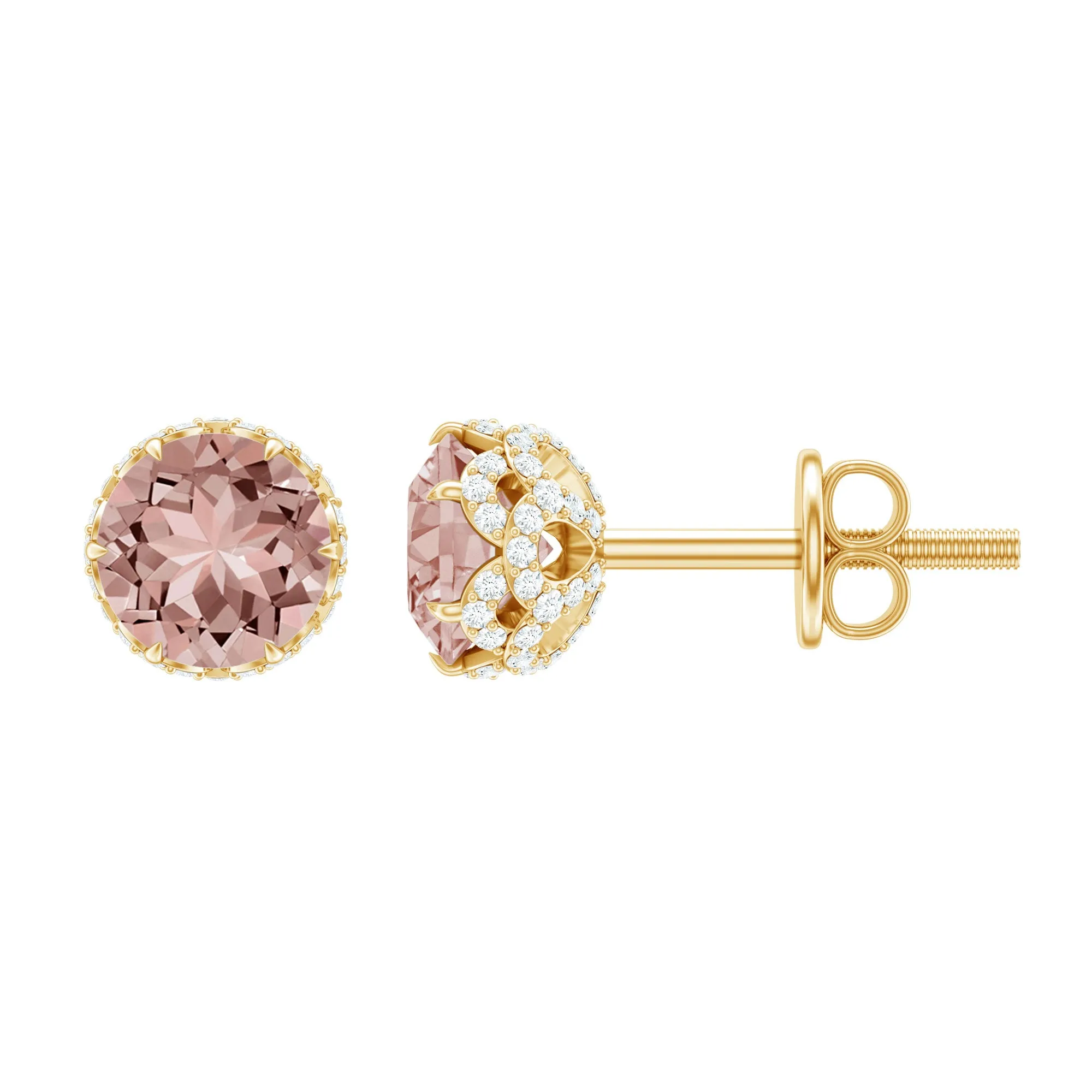 5 MM Morganite Solitaire and Diamond Floral Stud Earrings in Lotus Basket Setting