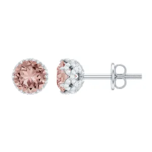 5 MM Morganite Solitaire and Diamond Floral Stud Earrings in Lotus Basket Setting