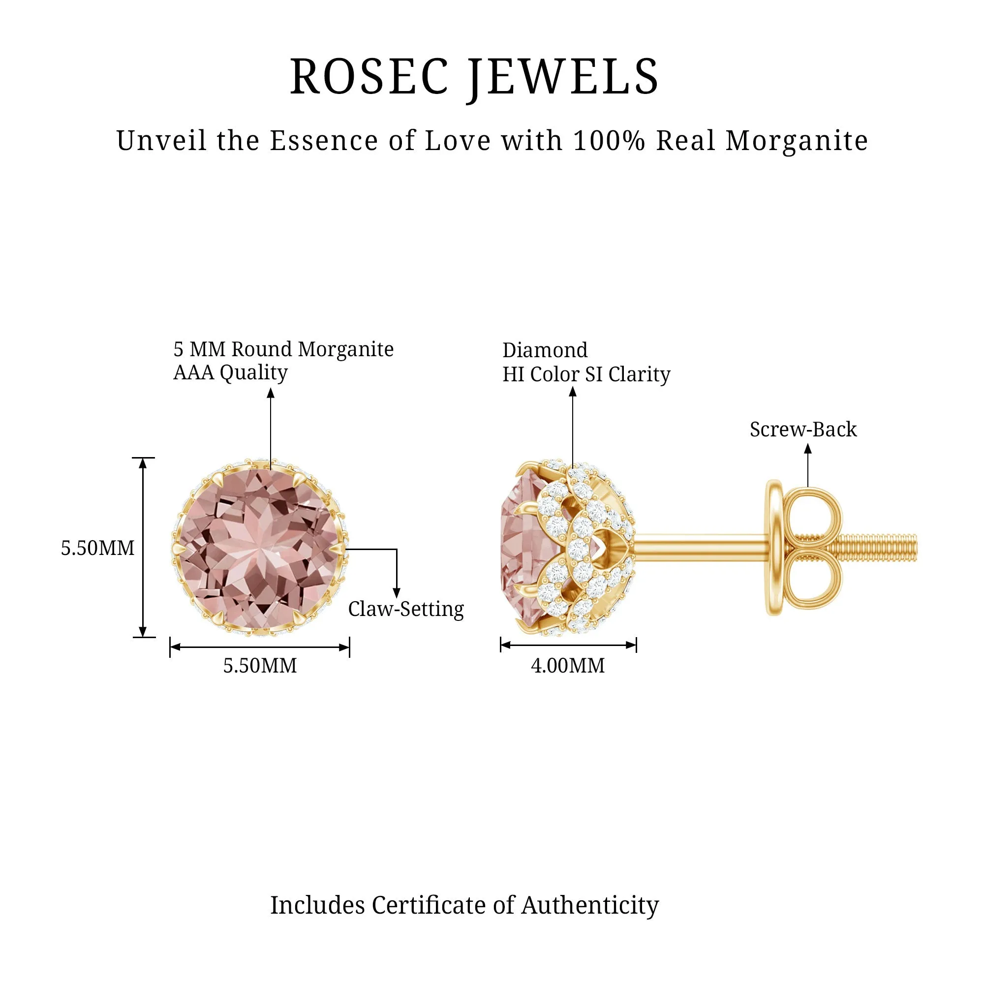 5 MM Morganite Solitaire and Diamond Floral Stud Earrings in Lotus Basket Setting