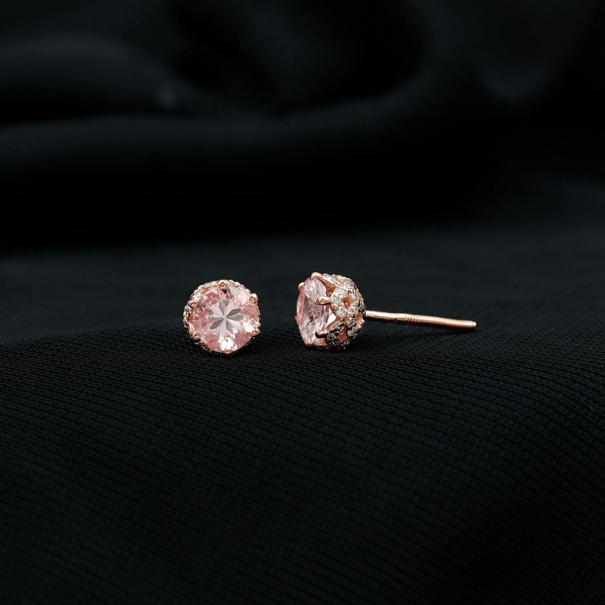 5 MM Morganite Solitaire and Diamond Floral Stud Earrings in Lotus Basket Setting