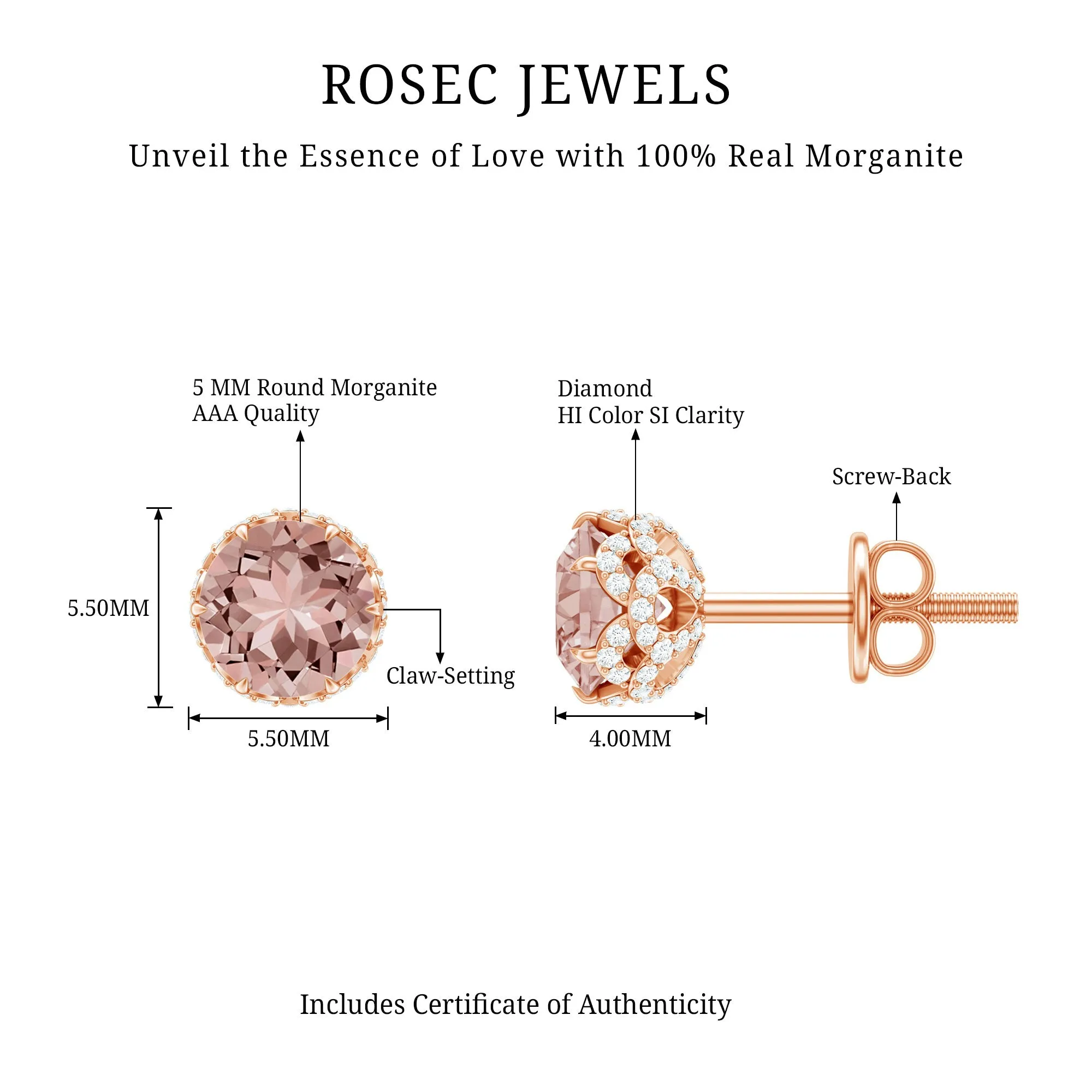 5 MM Morganite Solitaire and Diamond Floral Stud Earrings in Lotus Basket Setting
