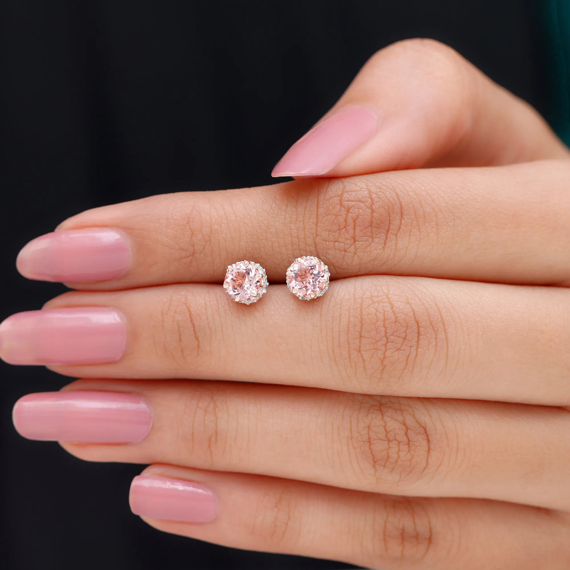 5 MM Morganite Solitaire and Diamond Floral Stud Earrings in Lotus Basket Setting