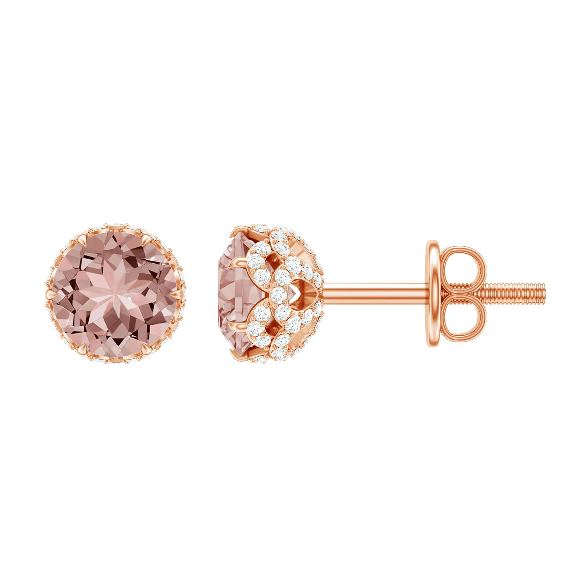 5 MM Morganite Solitaire and Diamond Floral Stud Earrings in Lotus Basket Setting