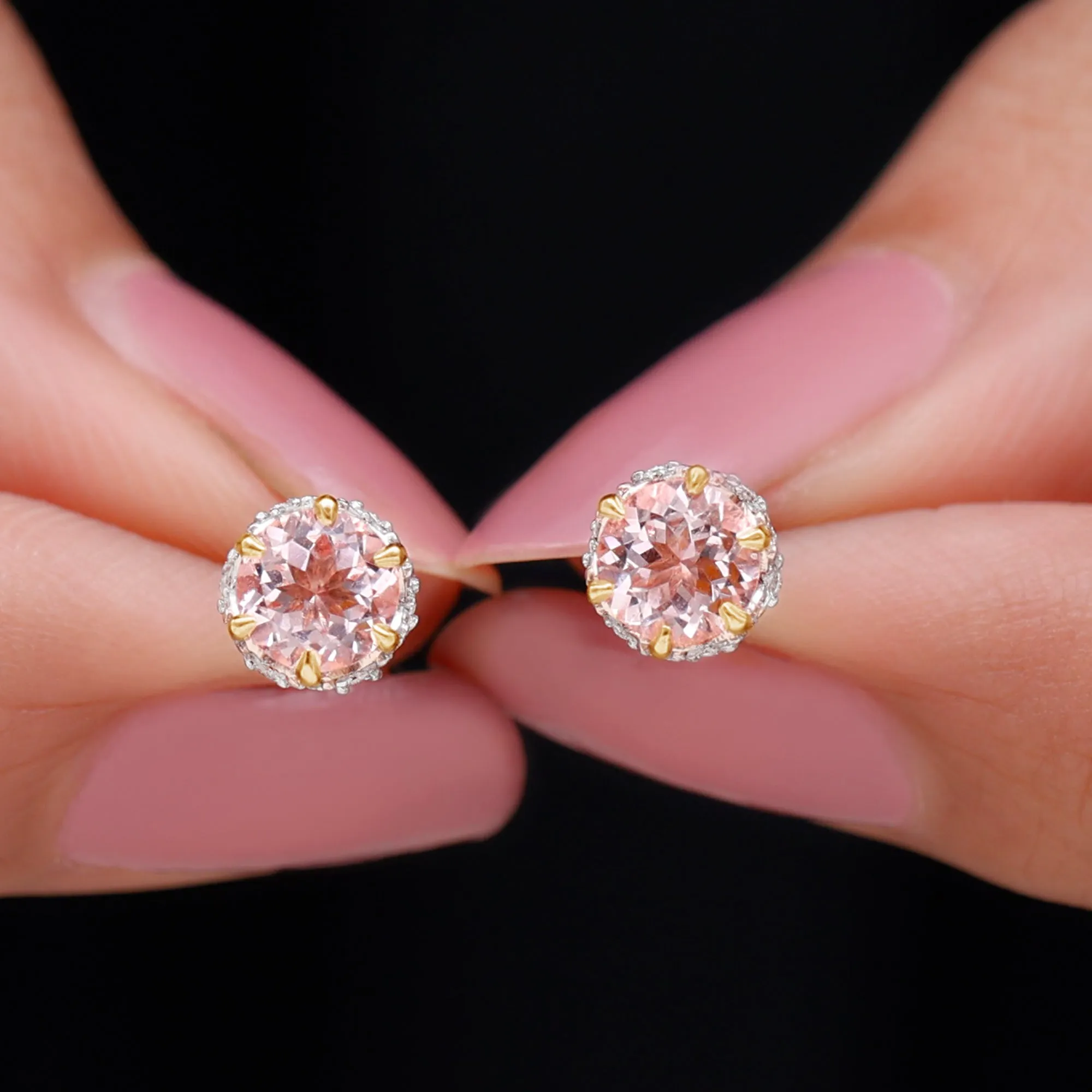 5 MM Morganite Solitaire and Diamond Floral Stud Earrings in Lotus Basket Setting