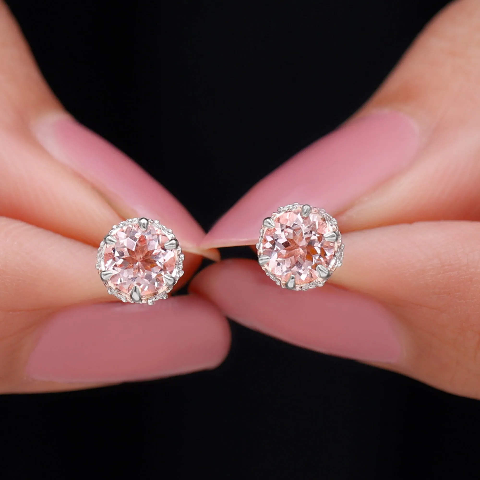 5 MM Morganite Solitaire and Diamond Floral Stud Earrings in Lotus Basket Setting