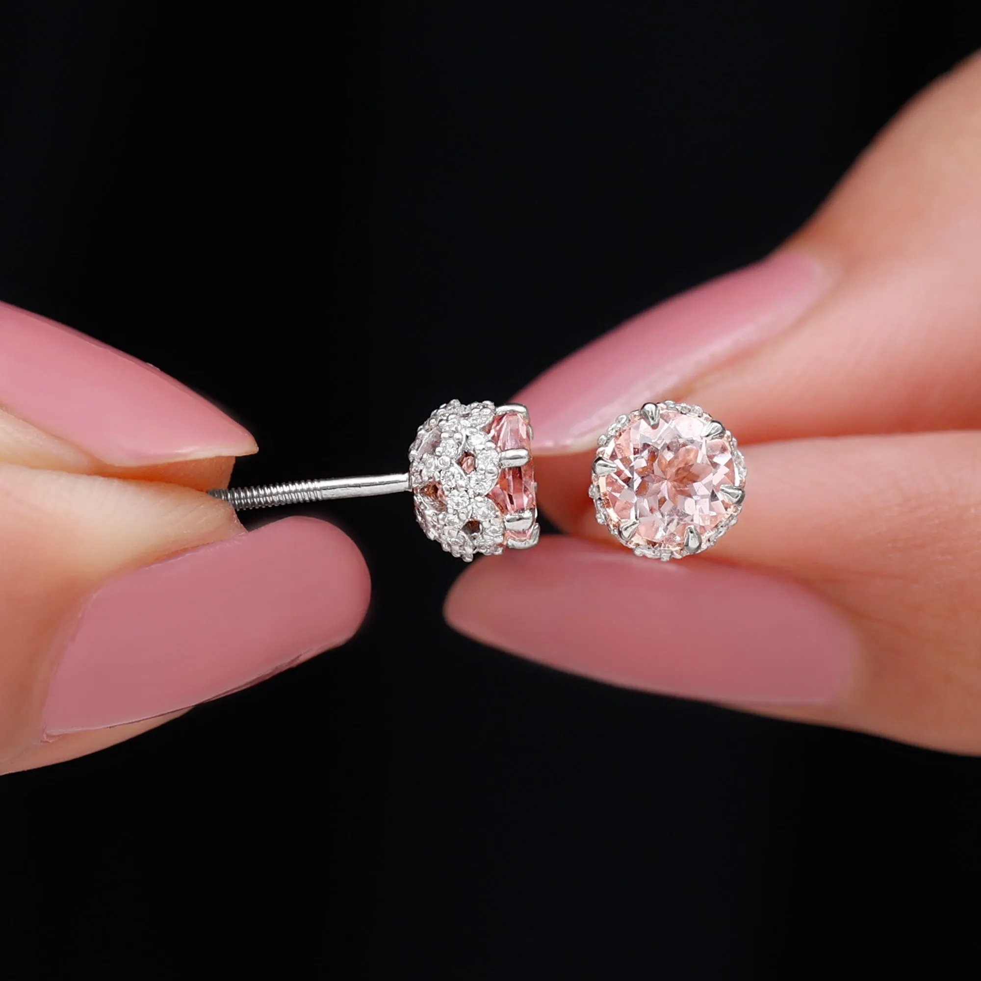 5 MM Morganite Solitaire and Diamond Floral Stud Earrings in Lotus Basket Setting