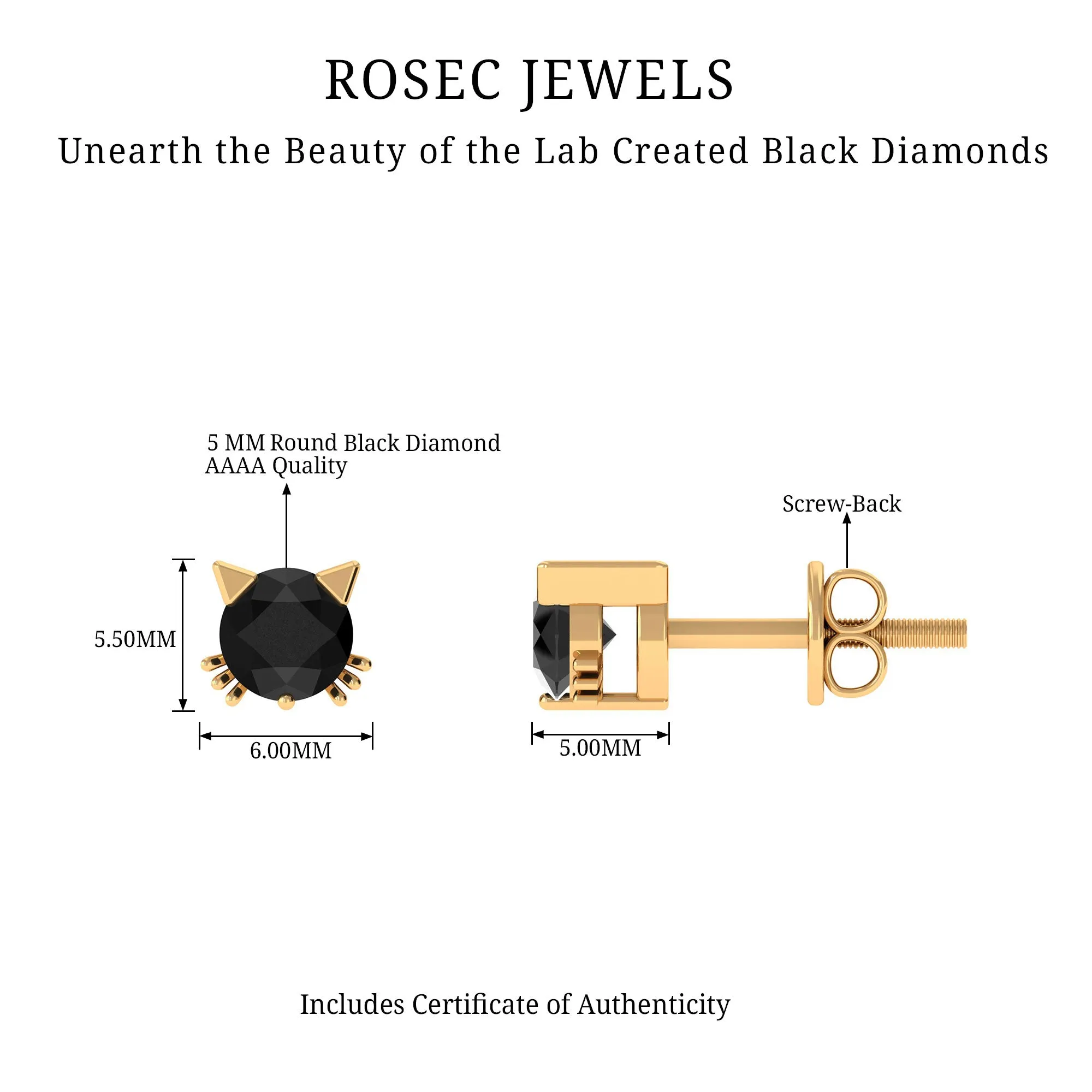 5 MM Round Lab Created Black Diamond Solitaire Cat Stud Earrings