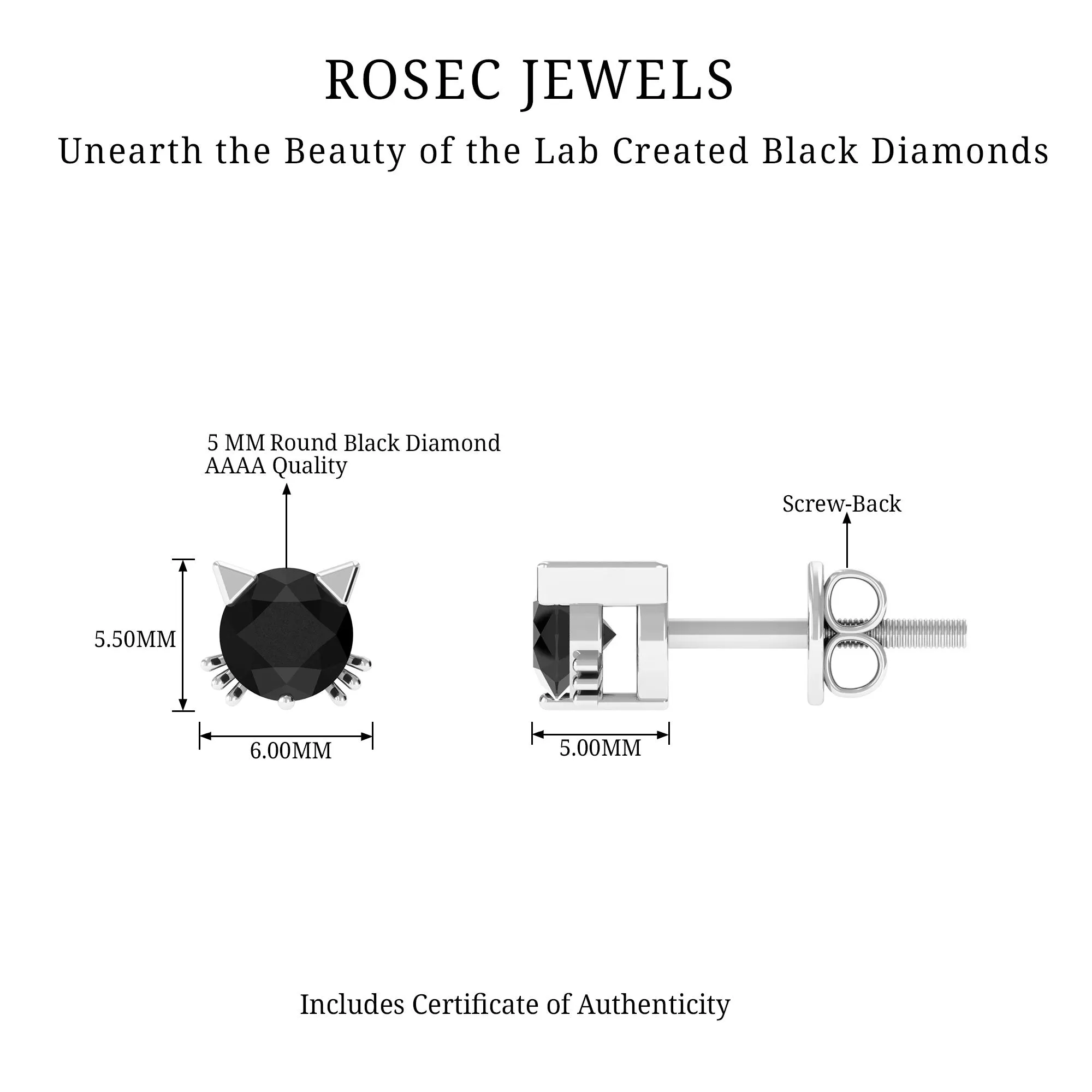 5 MM Round Lab Created Black Diamond Solitaire Cat Stud Earrings