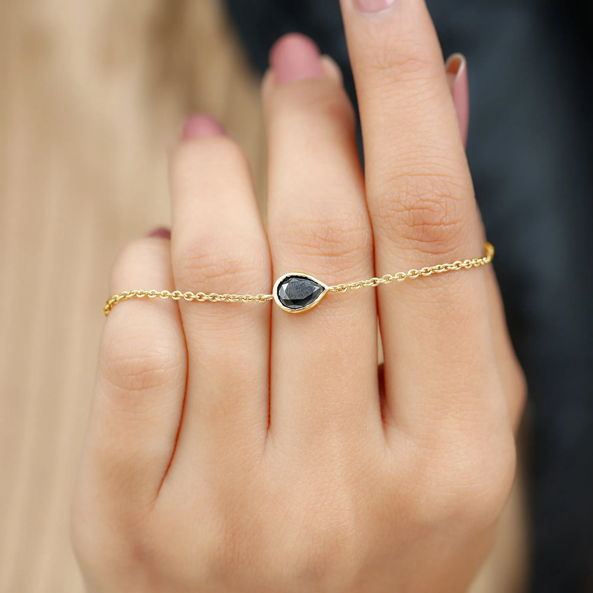 5X7 MM Bezel Set Pear Cut Solitaire Black Diamond Chain Bracelet