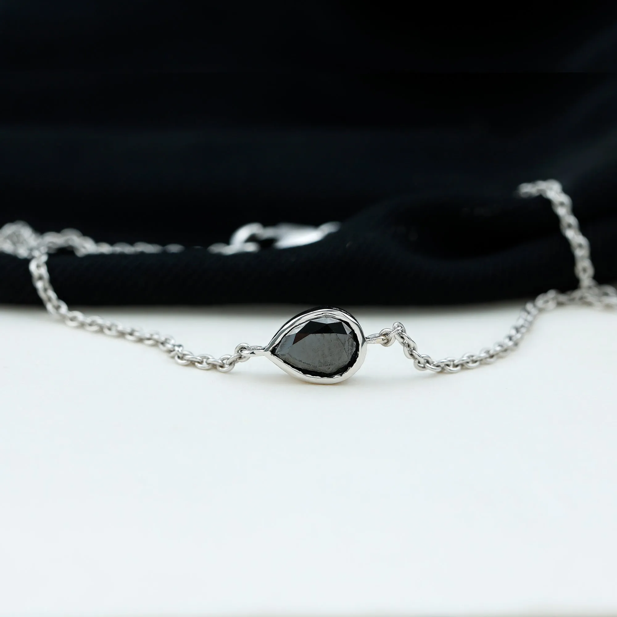 5X7 MM Bezel Set Pear Cut Solitaire Black Diamond Chain Bracelet